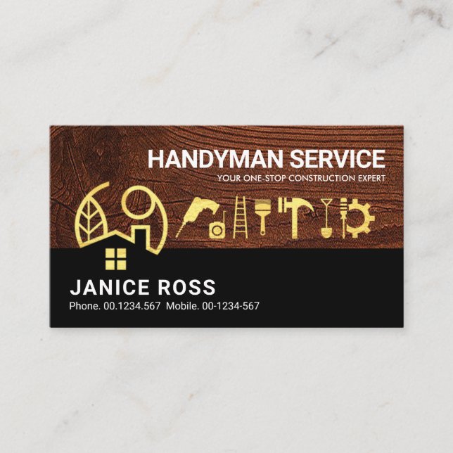 Brown Wood Gold Home Handyman Tools Business Card (Front)