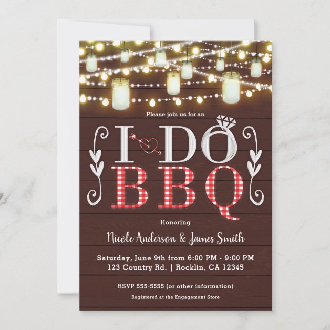 Brown Wood Lights I DO BBQ Rustic Engagement Party Invitation (Front)