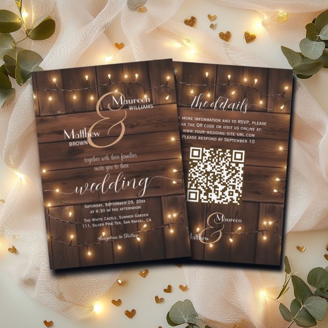 Brown Wood Rustic String Lights QR Code Wedding Invitation (Creator Uploaded)