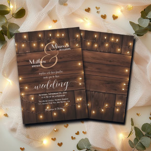 Brown Wood Rustic String Lights Wedding Invitation
