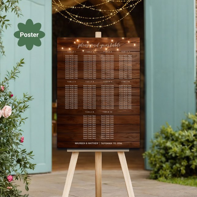 Brown Wood String Lights 10 Tables Wedding Seating Poster (Creator Uploaded)