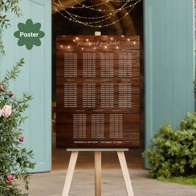 Brown Wood String Lights 11 Tables Wedding Seating Poster (Creator Uploaded)