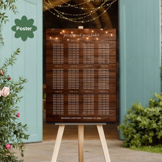 Brown Wood String Lights 12 Tables Wedding Seating Poster (Creator Uploaded)