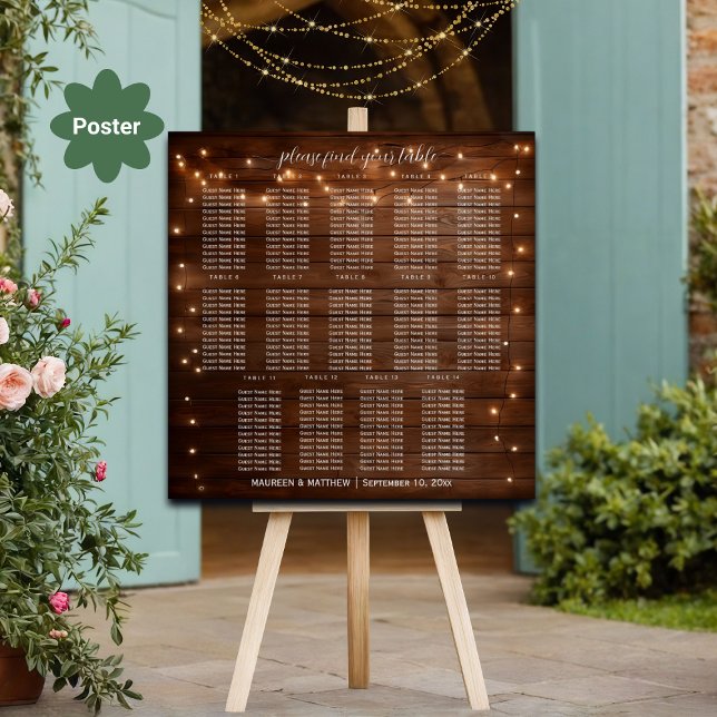 Brown Wood String Lights 14 Tables Wedding Seating Poster (Creator Uploaded)