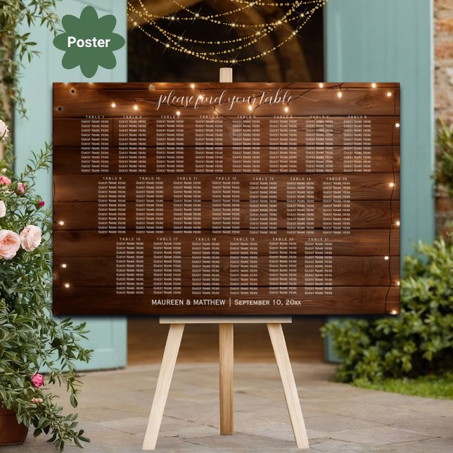 Brown Wood String Lights 21 Tables Wedding Seating Poster (Creator Uploaded)