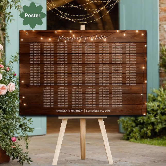 Brown Wood String Lights 22 Tables Wedding Seating Poster (Creator Uploaded)