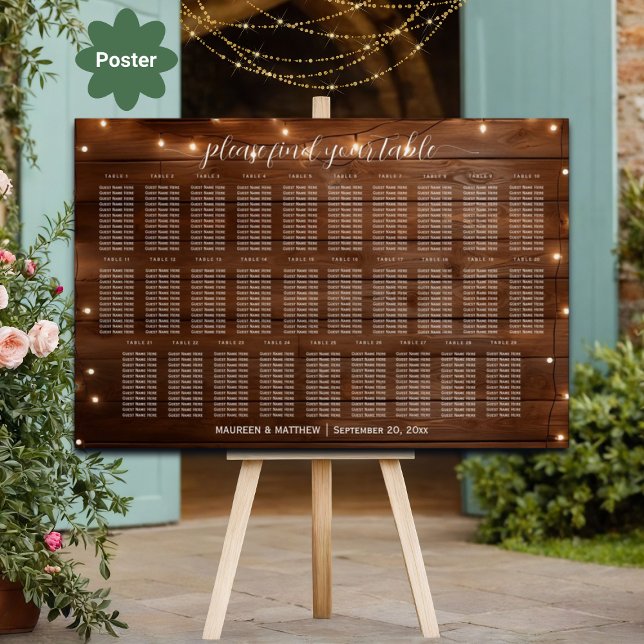 Brown Wood String Lights 29 Tables Wedding Seating Poster (Creator Uploaded)