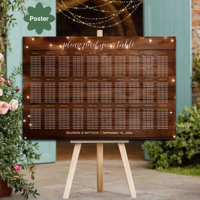 Brown Wood String Lights 30 Tables Wedding Seating Poster (Creator Uploaded)