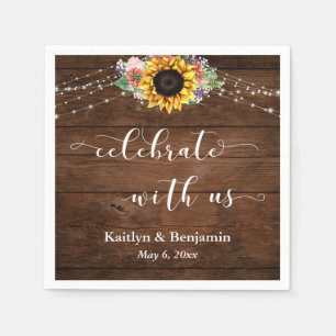 Brown Wood Sunflower Lights Celebrate with Us Napkin