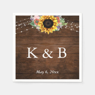 Brown Wood Sunflower Lights Initials & Date Napkin