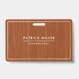 Brown Wood Texture Print White Typography ID Badge