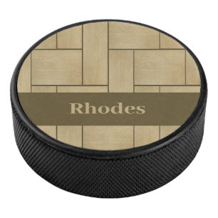 Brown wood tile print hockey puck