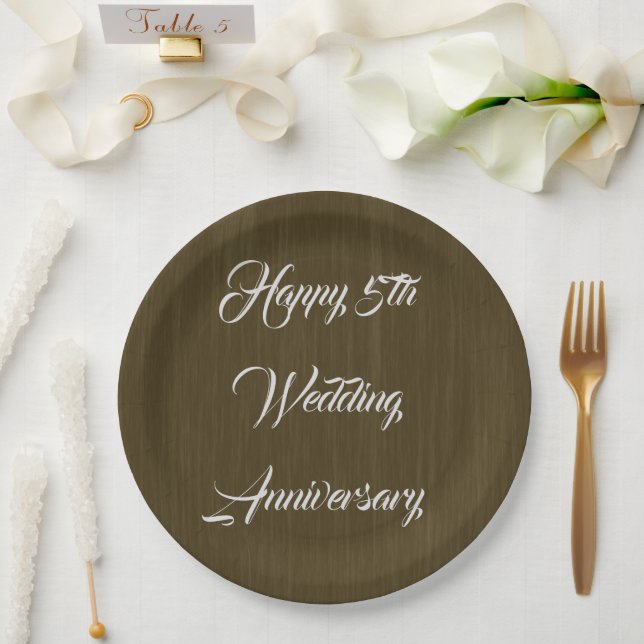 Brown Wood Traditional 5th Wedding Anniversary,  Paper Plate (Wedding)