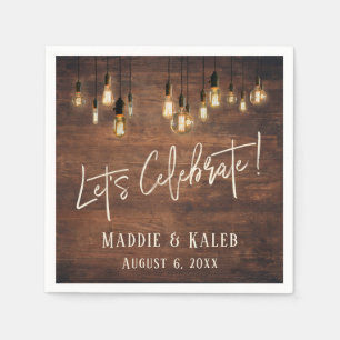 Brown Wood Wall with Edison Lights Let's Celebrate Napkin
