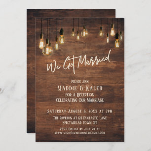 Brown Wood Wall with Edison Lights, We Got Married Invitation
