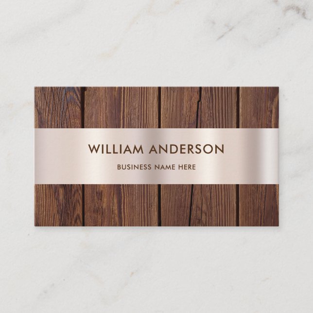 Brown Wooden Boards Wood Gold Border Modern Business Card (Front)
