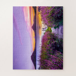 brown wooden dock between lavender flower field jigsaw puzzle