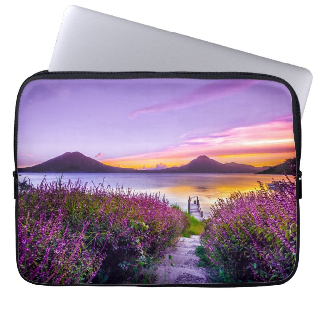 brown wooden dock between lavender flower field laptop sleeve (Front)