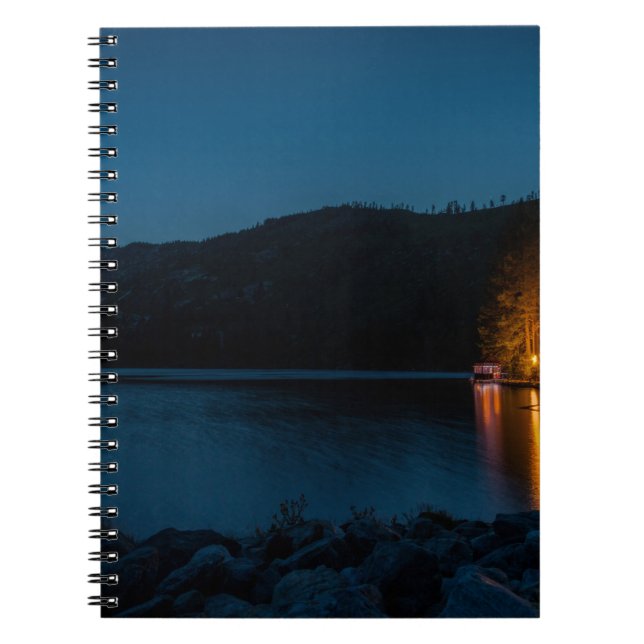 BROWN WOODEN DOCK ON BLUE LAKE DURING NIGHT TIME NOTEBOOK (Front)