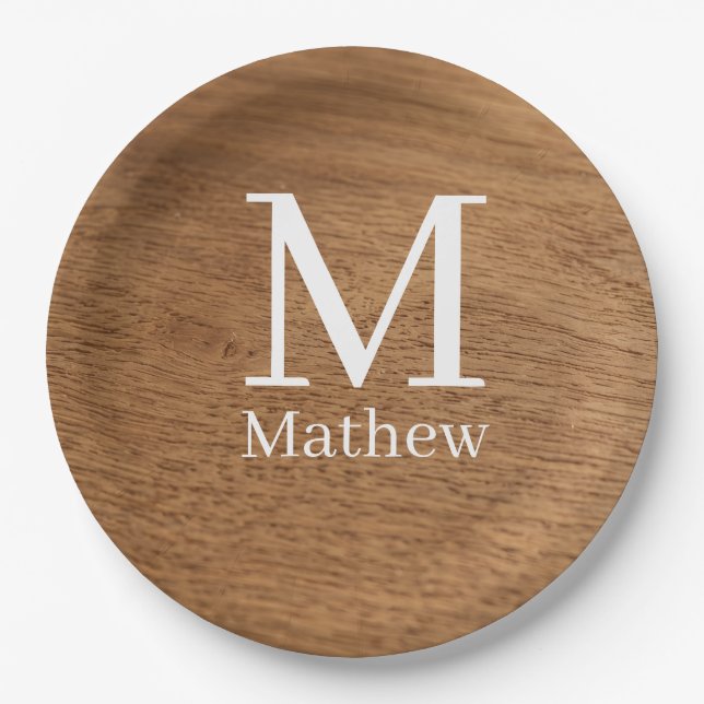 brown wooden frame rustic name monogram pattern si paper plate (Front)