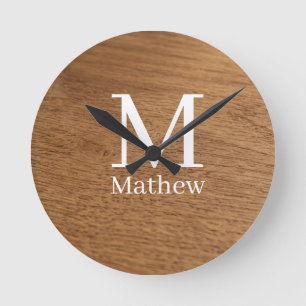 brown wooden frame rustic name monogram pattern si round clock