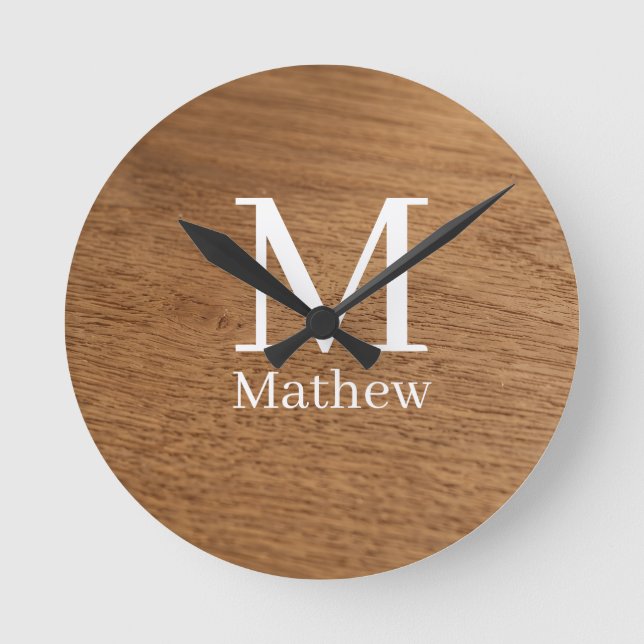 brown wooden frame rustic name monogram pattern si round clock (Front)