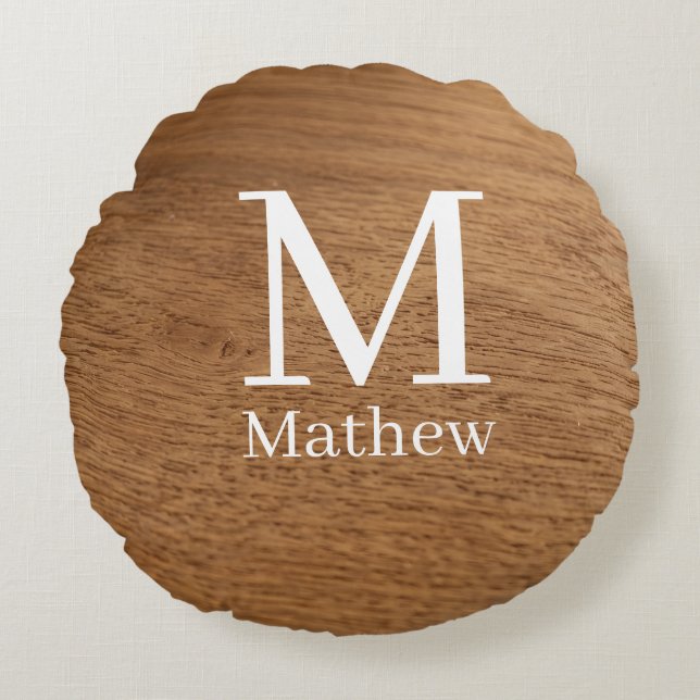 brown wooden frame rustic name monogram pattern si round cushion (Front)