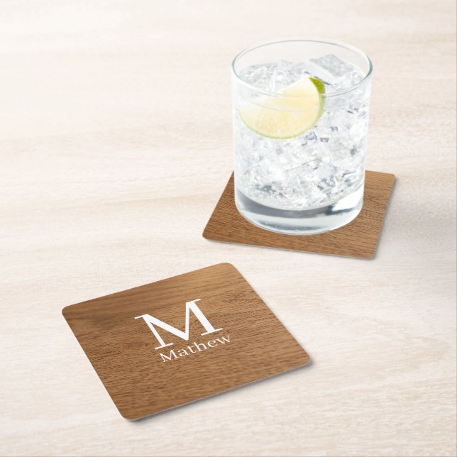brown wooden frame rustic name monogram pattern si square paper coaster (Insitu)