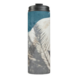 Brown wooden lounger near body of water thermal tumbler