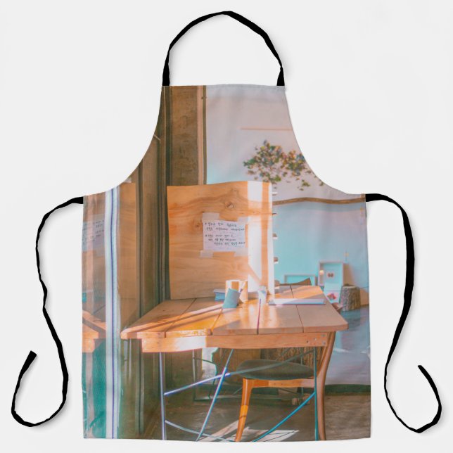 BROWN WOODEN TABLE WITH WHITE PRINTER PAPER APRON (Front)