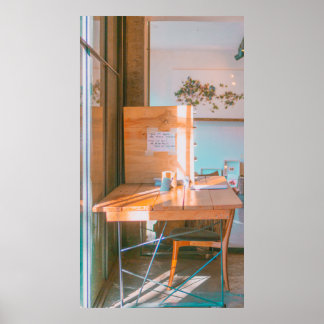BROWN WOODEN TABLE WITH WHITE PRINTER PAPER POSTER