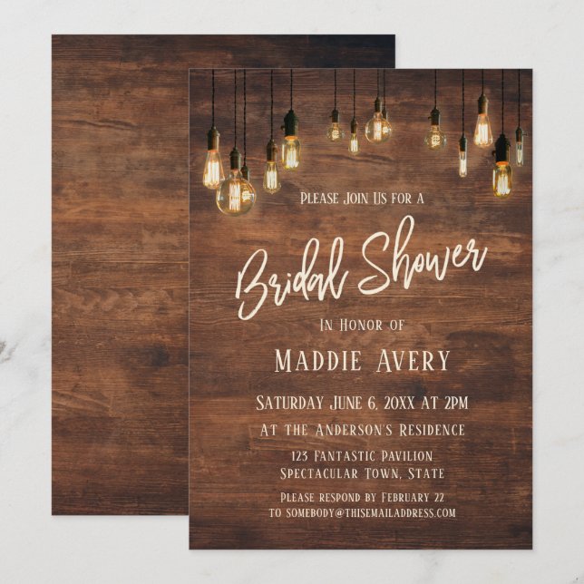 Brown Wooden Wall w/ Edison Lights Bridal Shower Invitation (Front/Back)