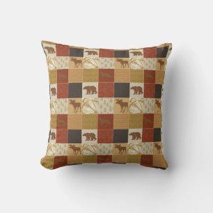 Brown Woodland Bears Patchwork Moose Fox Wildlife Cushion