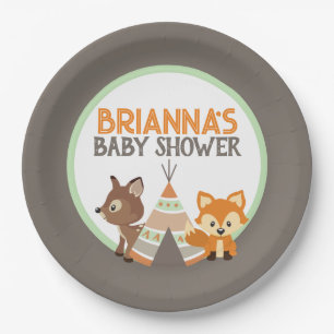 Brown Woodland Camper Teepee Fox Baby Shower Paper Plate