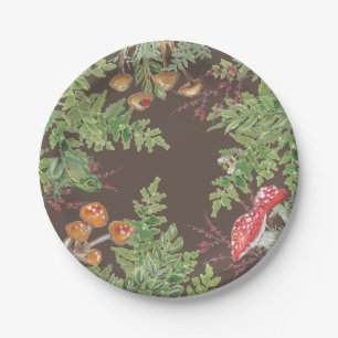Brown Woodland Frog Bee Mushroom Rustic Picnic Paper Plate