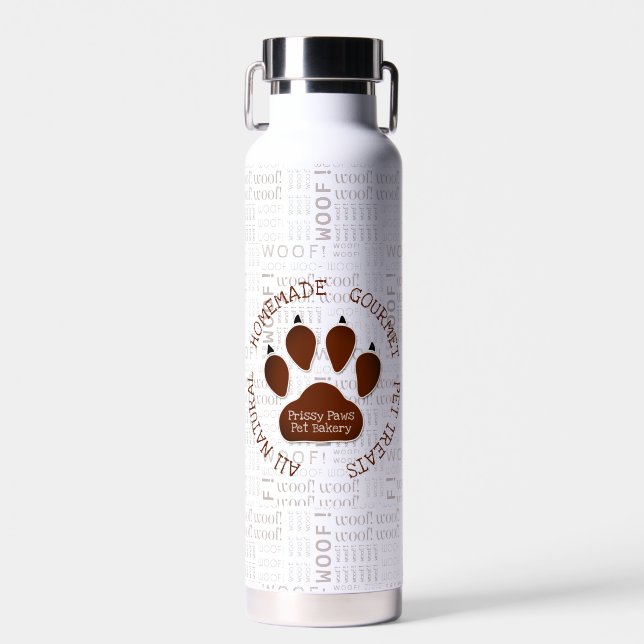 Brown Woof Art and Business Name with Paw Water Bottle (Front)