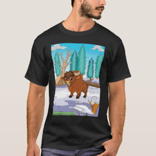 Brown Yak Standing In A Field Of Snow Ready To Cha T-Shirt