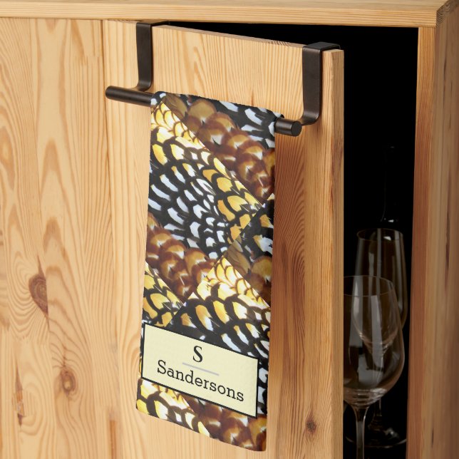 Brown, Yellow, Black Reeve's Pheasant Monogram  Tea Towel (Thirds Fold)