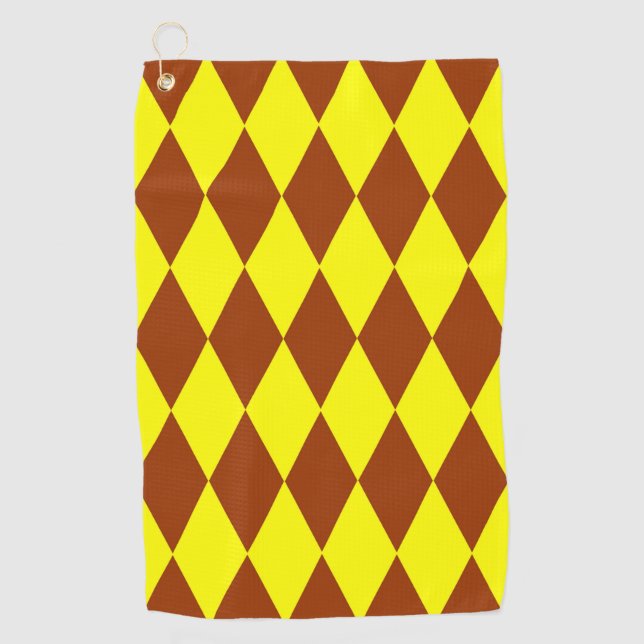 Brown Yellow Harlequin Checkered Design  Golf Towel (Front)