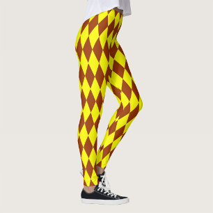 Brown Yellow Harlequin Checkered Design Leggings