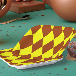 Brown Yellow Harlequin Checkered Design Paper Plate