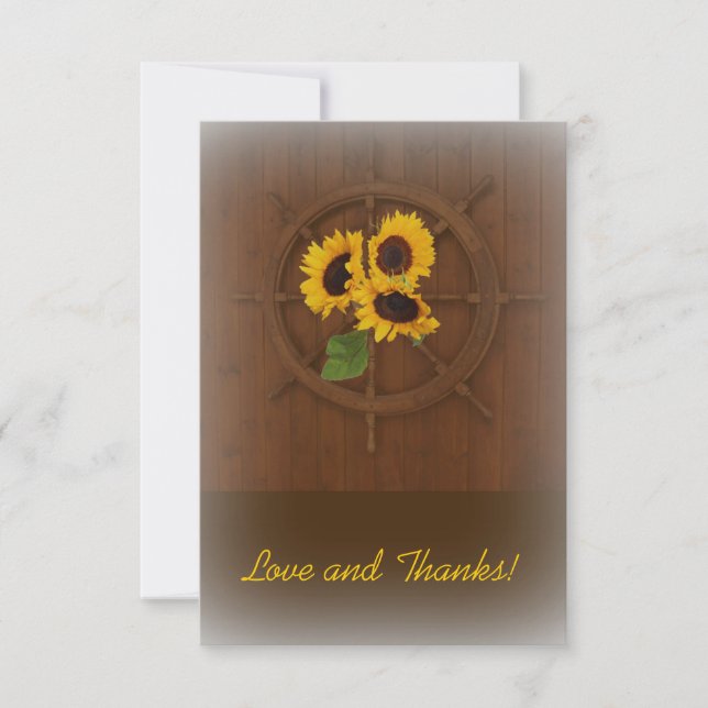 Brown yellow rustic sunflowers wedding thank you (Front)