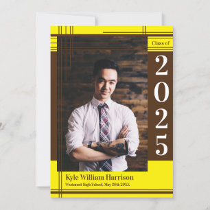 Brown Yellow School Colour Graduation Photo Plaid Invitation