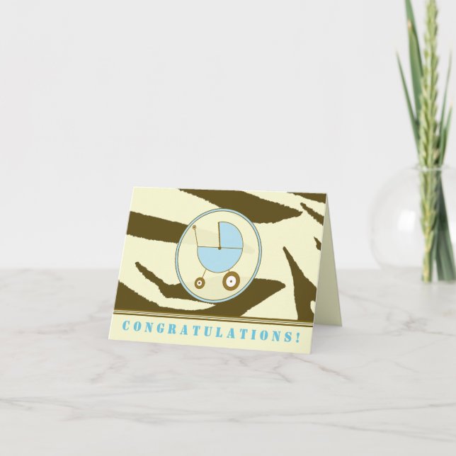 Brown Zebra Print / Blue Baby Congratulations Card (Front)