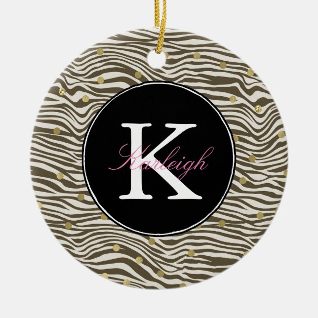 Brown Zebra Print Gold Confetti Monogram Ceramic Tree Decoration (Front)