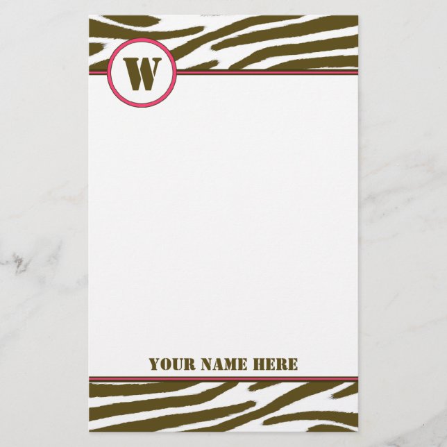 Brown Zebra Print Monogram Stationery (Front)