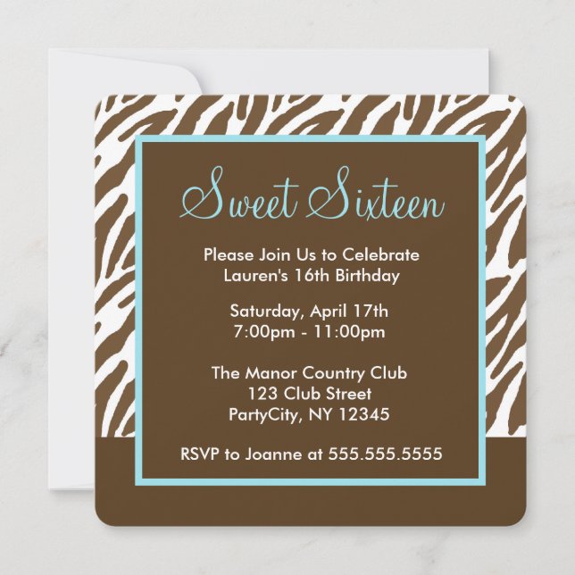 Brown Zebra Print Sweet Sixteen Party Invitation (Front)