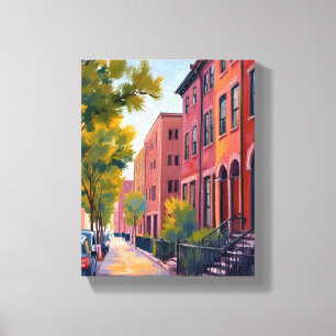Brownstone City Street Boston Brick Watercolor Canvas Print