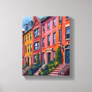 Brownstone City Street Watercolor Painting Canvas Print