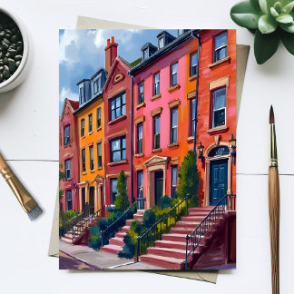 Brownstone City Street Watercolor Painting Postcard